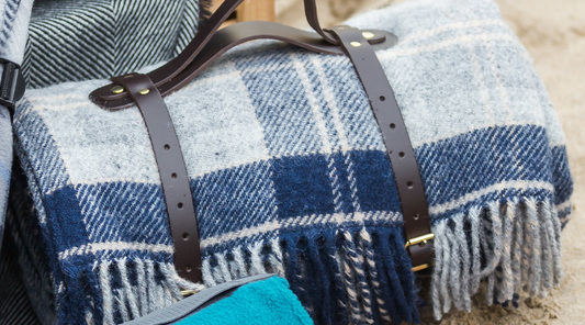 Bannockbane Tartan Check Picnic blanket with waterproof blanket with luxury leather carry handles 