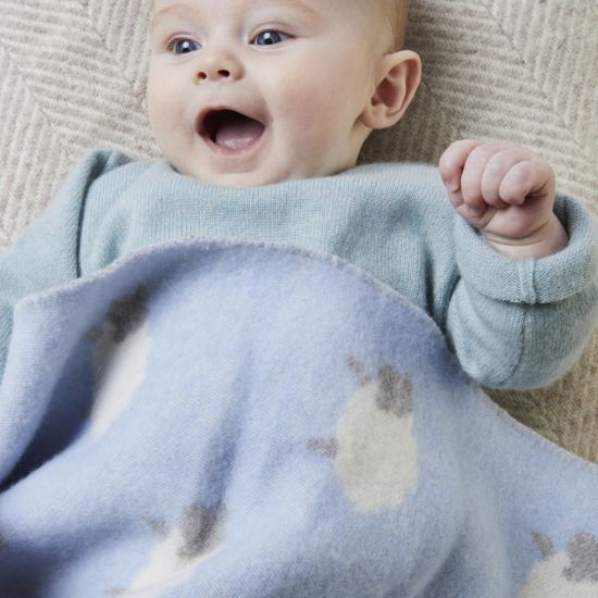 Smiling baby wrapped in a soft blue blanket with sheep design, part of the Baby Boy Blanket Collection.