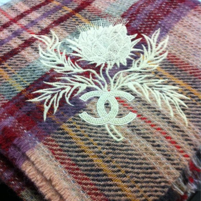 Plaid Solway Blanket with an bespoke custom embroidered thistle design, for corporate branding