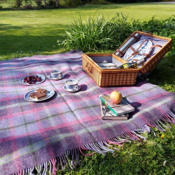 The Dundrennan plaid pure wool blanket laid out on the grass with a books a picnic hamper, tea cups and food in a glorious garden setting