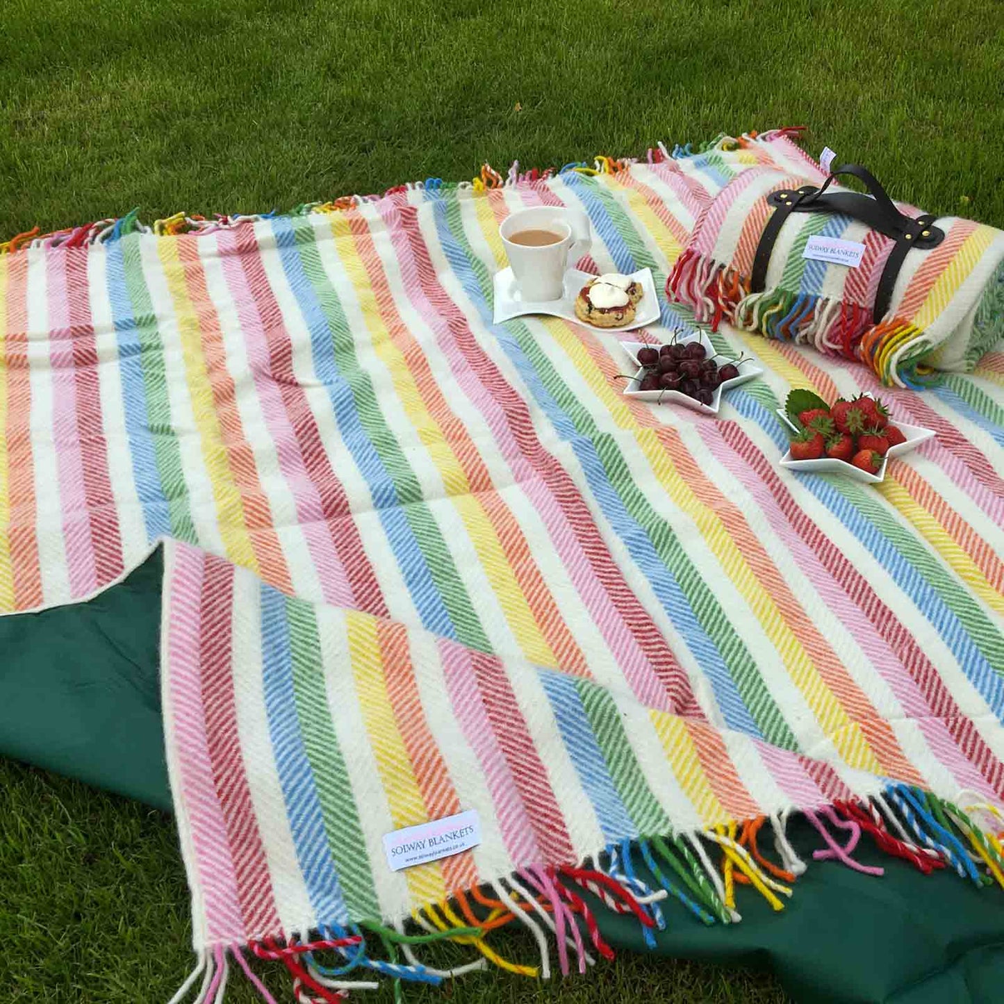 Colourful striped family picnic blanket with waterproof backing on grass with a cup of tea and snacks.