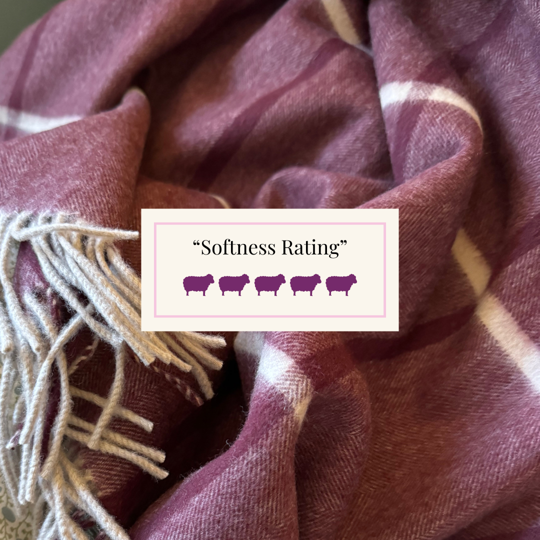 Buttery soft burgundy plaid blanket with fringes and softness rating of 5 label