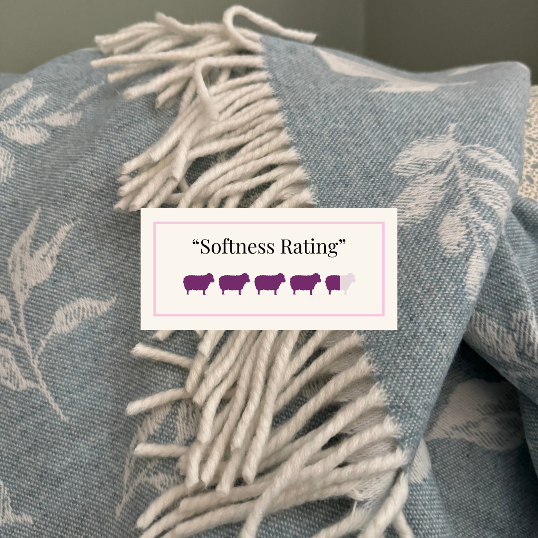 Textured merino lambswool blanket with fringes and leaf patterns, softness rating four and a half displayed.