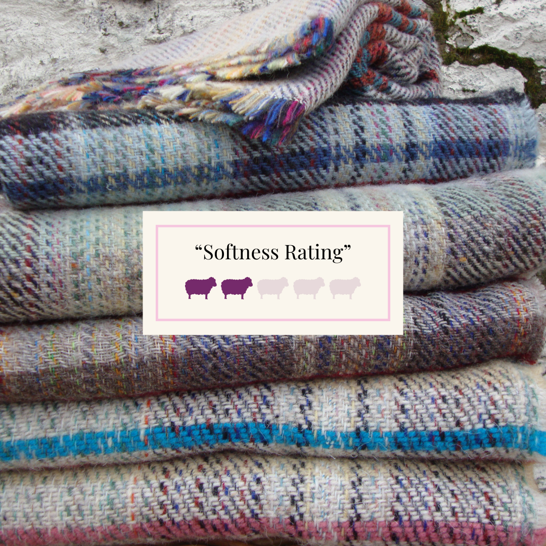 Stack of textured , practical, robust Recycled wool blankets with a softness rating of 2 from 5