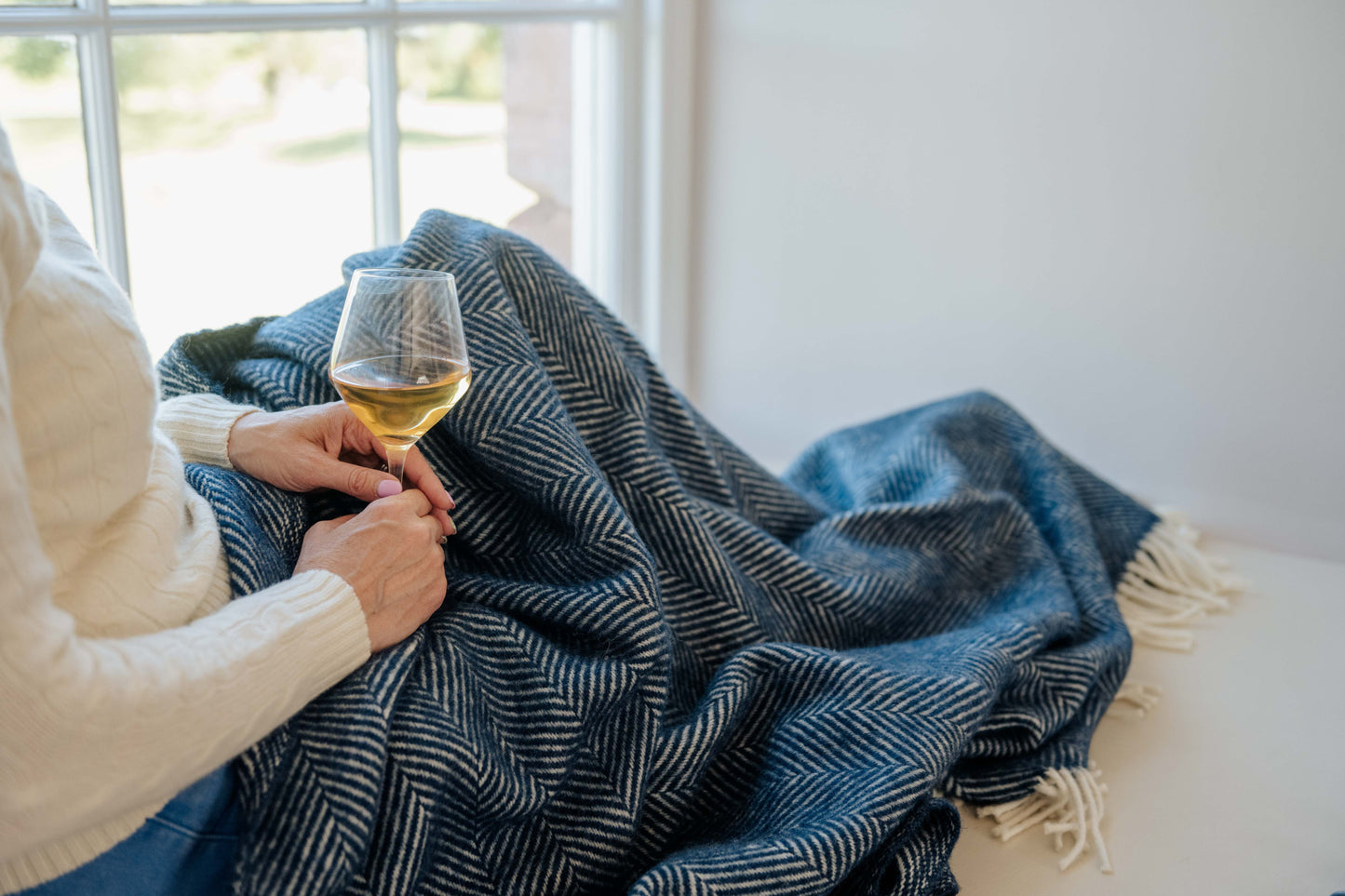 Navy Blue Fishbone Pure New Wool Blanket
