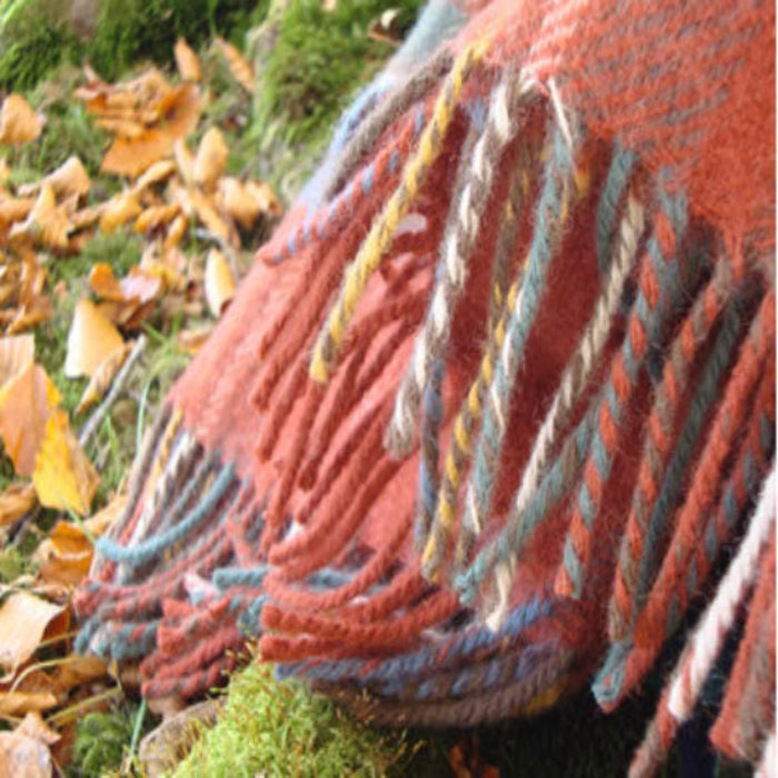 Closeup of Antique Royal Stewart Tartan Natural Wool Blanket with fringe on a natural background