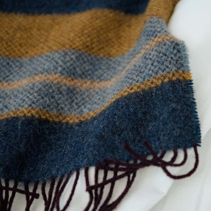Close-up of a striped throw with blue, brown, and gray colors on a white background.