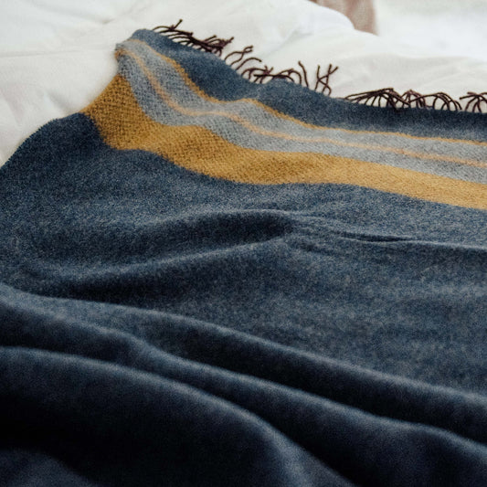 Navy blue and mustard yellow patterned throw draped over a white bed