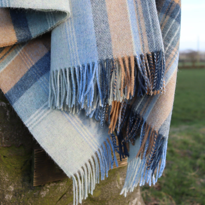 Blue Kintyre Check Shetland Wool Throw draped over a tree branch with a field in the background