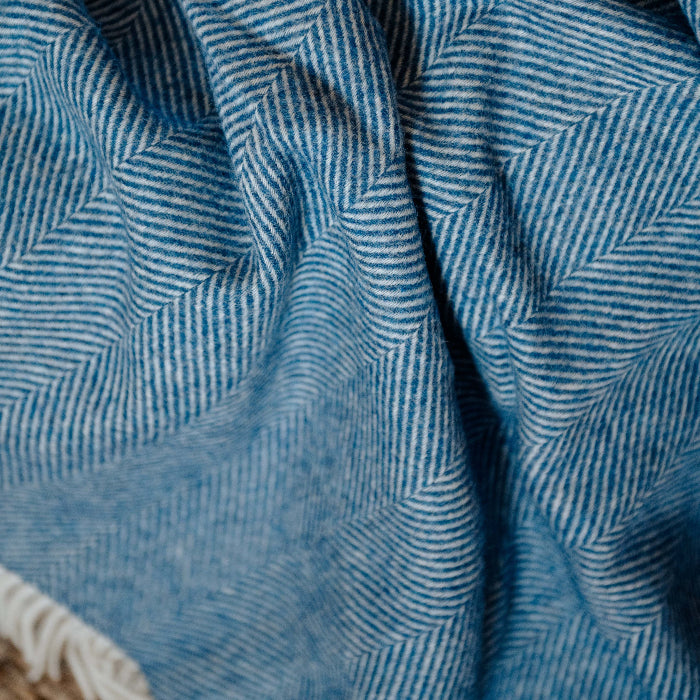 Close-up of Blueberry Swirl Blue Shetland Wool Blanket with a subtle traditional pattern