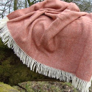 Brick Herringbone Shetland Wool Blanket with white fringe draped over a tree branch in a natural setting