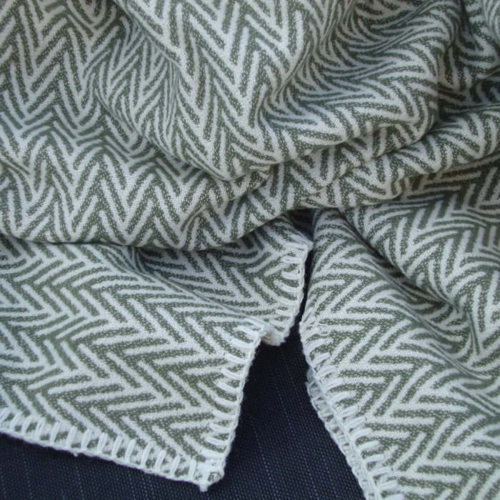 A close-up of a woven cotton throw with a repeating herringbone pattern in muted mineral green and off-white, draped to show its texture and folded edges.