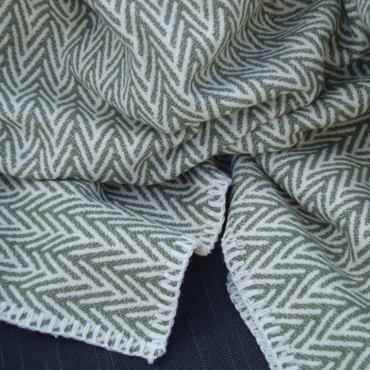 A close-up of a woven cotton throw with a repeating herringbone pattern in muted mineral green and off-white, draped to show its texture and folded edges.