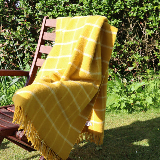 Yellow and white chequered draped over a wooden chair set in a sunny garden with grass and green shrubbery as a background