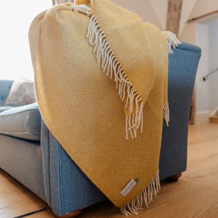 Yellow wool blanket with fringe draped over a blue sofa in a room with wooden flooring.