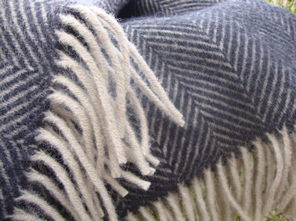Vintage Charcoal & Beige Herringbone Wool Blanket