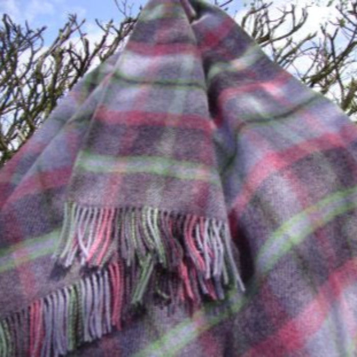 Plaid wool blanket draped over a tree with a natural background
