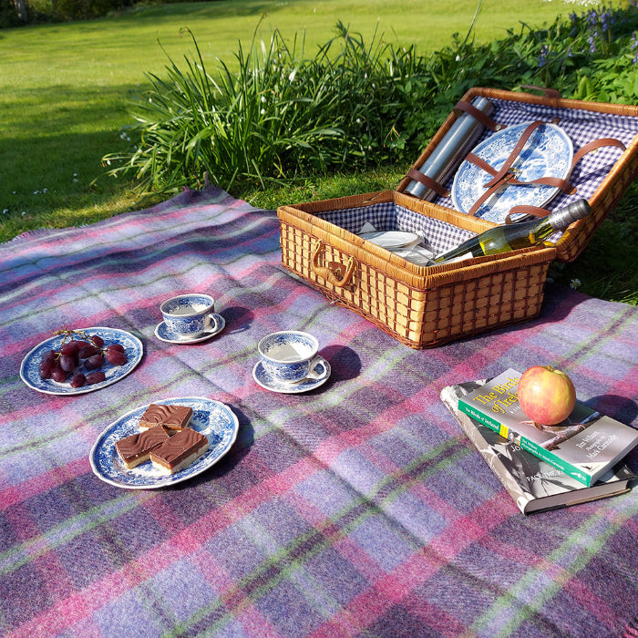 Outdoor picnic setup with a wicker basket, books, plates, cups, and snacks on a plaid woolen blanket featuring colours of pink, purple and green.
