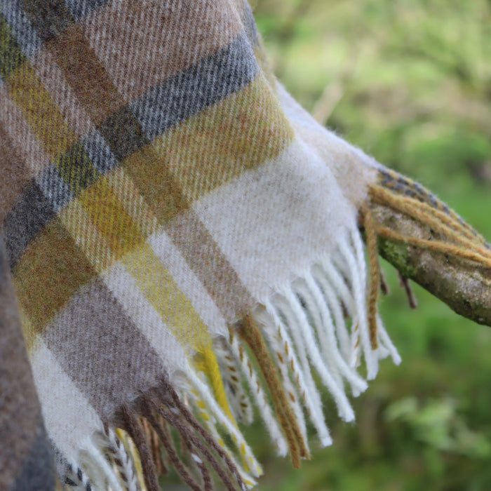 Close up of a plaid throw featuring beige, charcoal and yellow colouring draped over a branch with a natural background