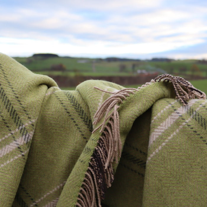 Emerald green plaid throw with fringe on a fence with a grassy field background