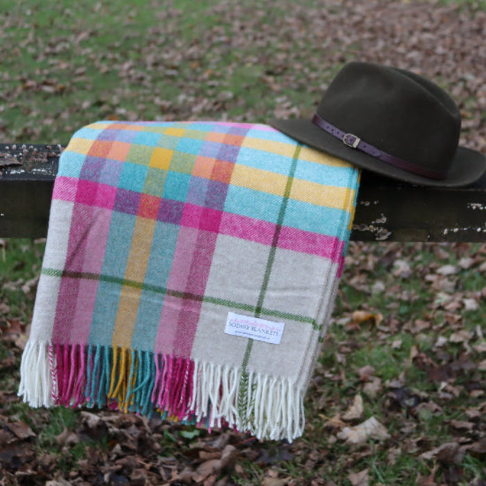 Falmouth Pink & Ivory Check Shetland Wool Blanket a colourful natural fibre plaid blanket and dark brown hat on a wooden tree swing with a grassy background