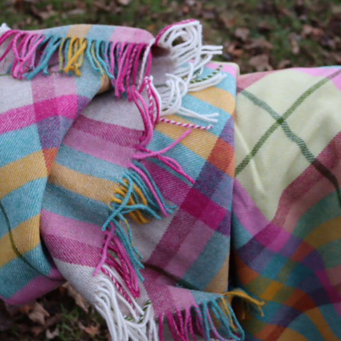 Falmouth Pink & Ivory Check Shetland Wool Blanket a colourful plaid blanket with fringes on a garden tree swing with grassy background