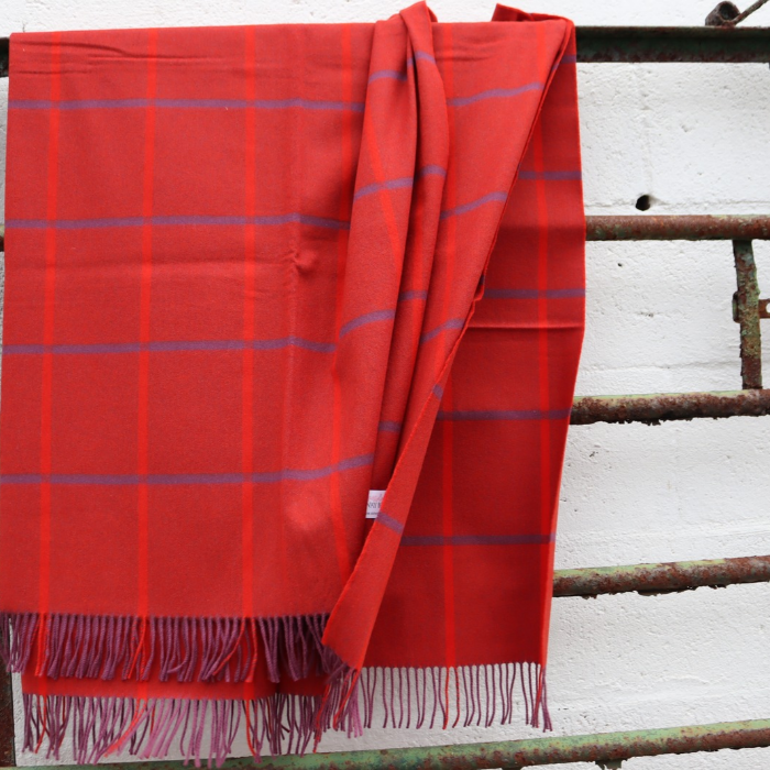 Galloway Garnet pure cashmere throw in rich red and purple windowpane check with twisted fringe. Draped over a metal gate showing full stunning colours and design