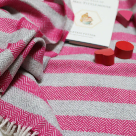 Georgina Stripe Cashmere Mix Baby Blanket, soft textured cot shawl in pink and grey stripe