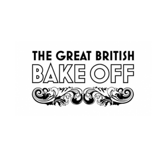 Logo of 'The Great British Bake Off' with decorative elements on a white background. Solway Blankets supplied for set styling in the famous GBBO tent