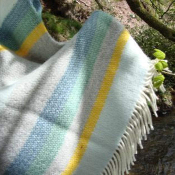 Colourful striped blanket with blue, green, and yellow colors draped over a tree branch by a stream.