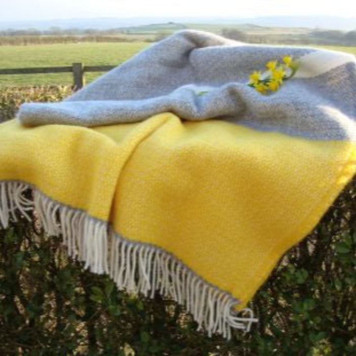 Yellow and grey wool blanket with white fringe draped over a hedge in a field, with yellow flowers on top.
