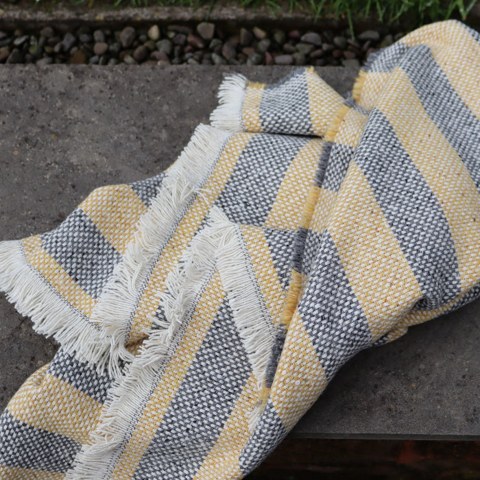 Loosely folded recycled lemon and charcoal blanket on a concrete surface