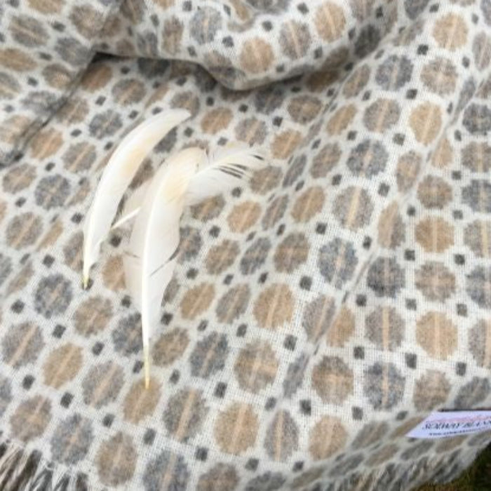 Close up of a patterned fabric throw with a visible Solway Blankets label with feathers on top
