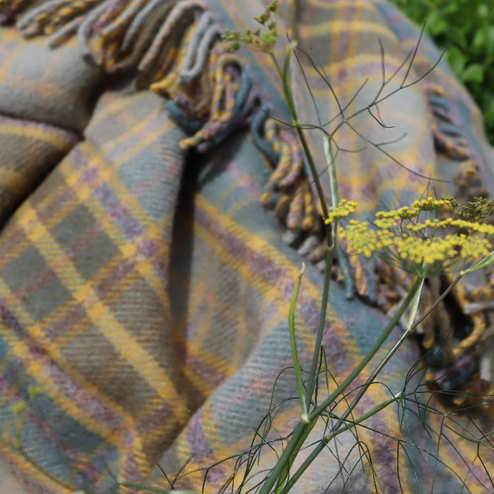Olive green, teal blue and mustard plaid wool blanket outdoors with a plant in the foreground