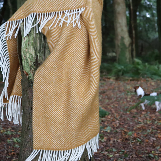 Mustard woven wool blanket with white fringe draped over a tree in a forest setting