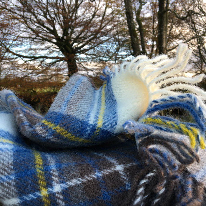 Close up of a Muted blue tartan pure new wool knee blanket with twisted fringe, outdoors with trees in the background