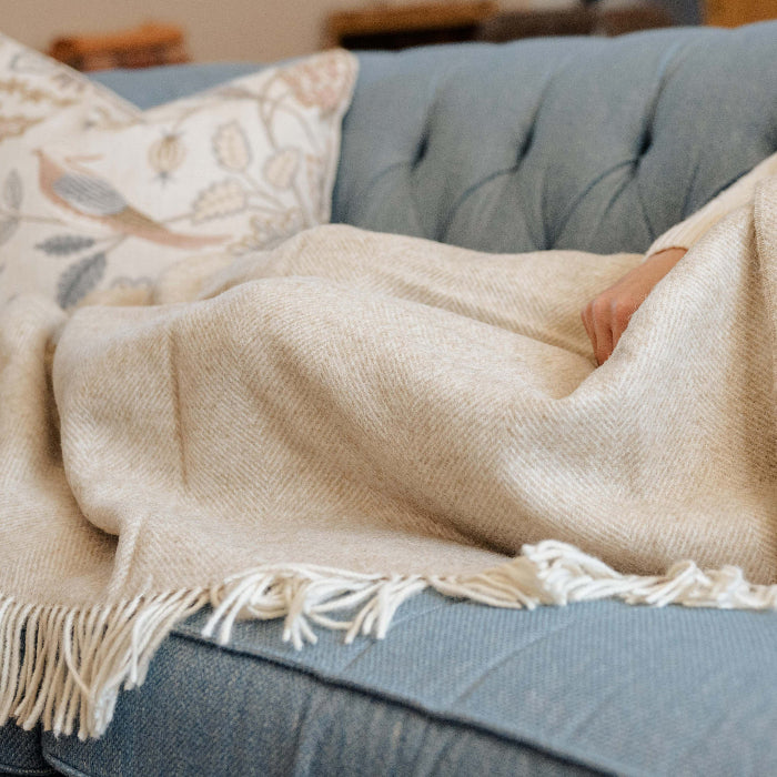 Person wrapped in a beige Natural Herringbone Shetland Wool Blanket on a blue couch
