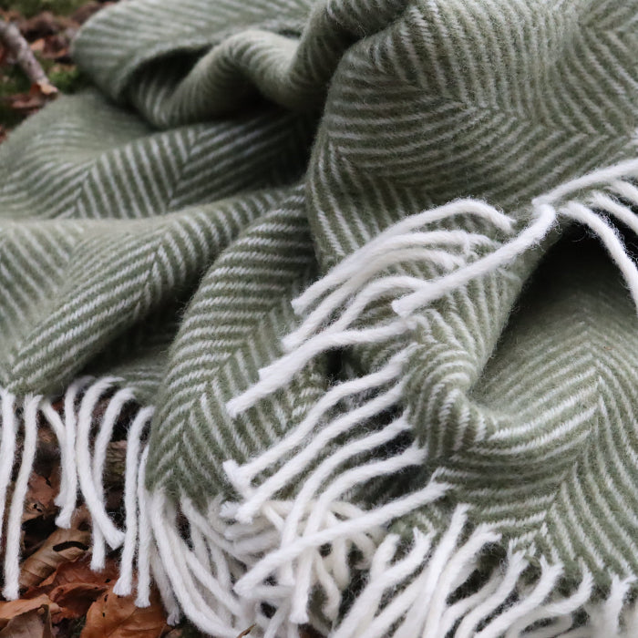 Olive green herringbone style wool blanket with white fringe on a natural background