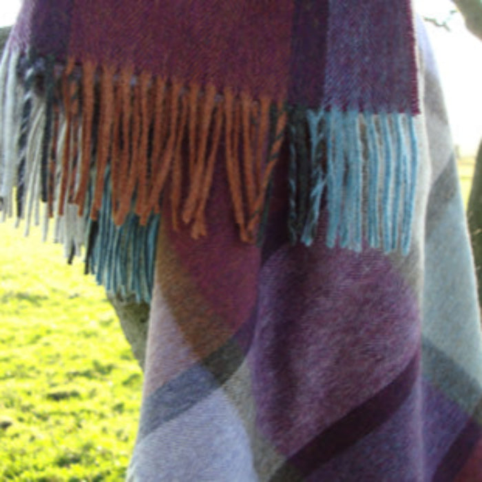 Colorful plaid blanket with fringe draped over a tree branch in a natural setting