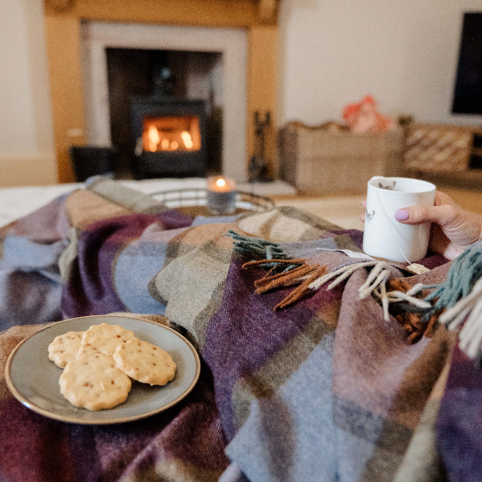 Person sitting on a couch with a colorful country-style blanket, holding a mug and a plate of cookies in a cozy living room.
