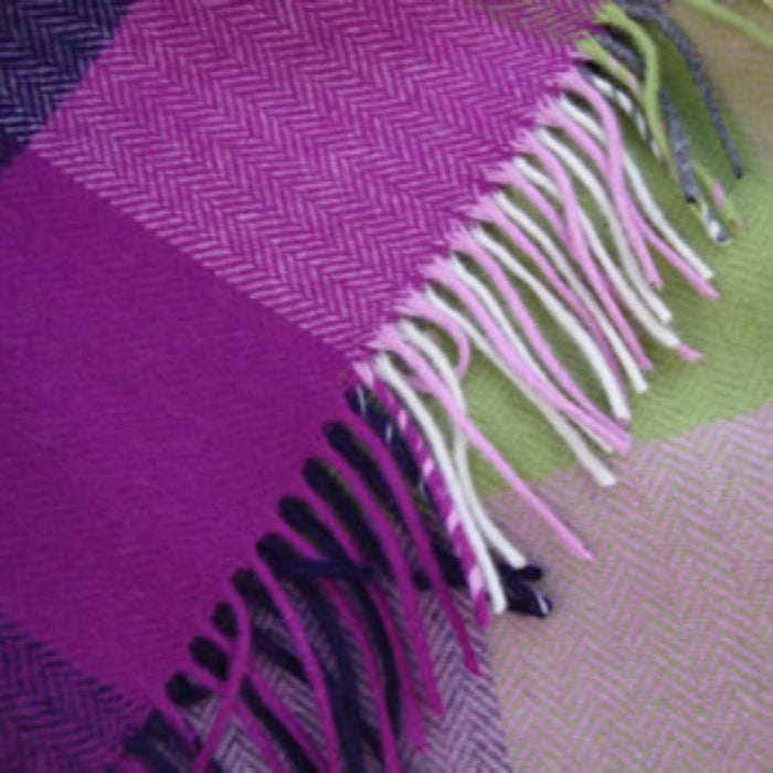 Plaid throw with purple, green, navy blue, white, and pink colors with fringed edges.