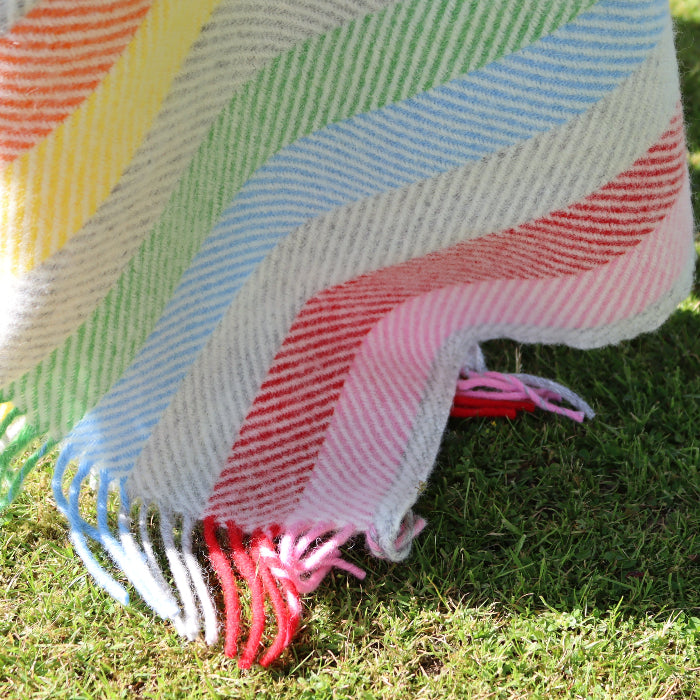 Colourful rainbow striped blanket with fringe, draped over grass outdoors