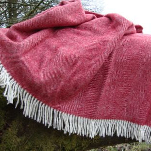 Red Herringbone Shetland Wool Blanket throw with white fringe draped over a tree branch in a natural setting