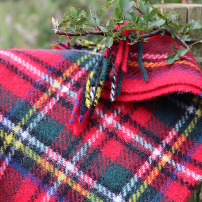 Close up of a Royal Stewart tartan wool blanket draped over a wooden fence outdoors with a grassy background