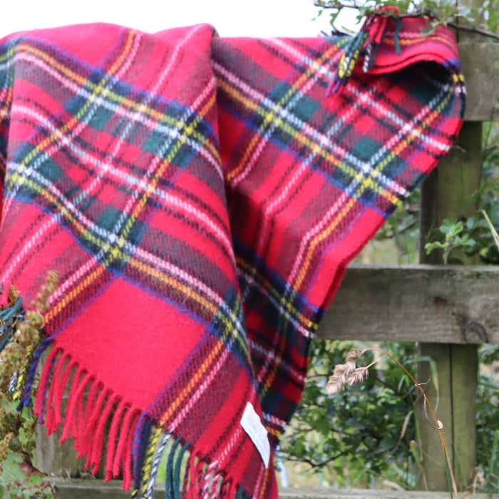 Royal Stewart Traditional Tartan knee rug with accents of blue, yellow, white, green and black draped over a wooden fence outdoors, with a grassy background.