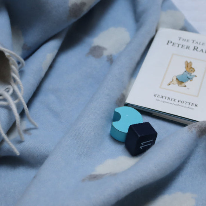 Sheep Blue Merino Wool Baby Blanket with a book titled 'The Tale of Peter Rabbit' and two blue wooden block objects.
