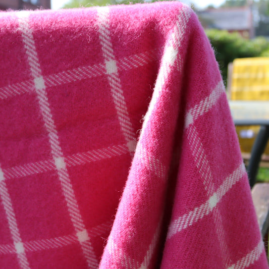 Close up of a pink checkered wool blanket draped over a chair in a garden setting