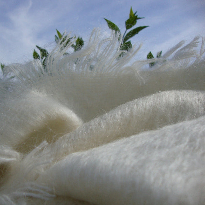 Close-up of Winter White Mohair Throw with a blurred natural background of plants and sky