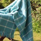 Turquoise blue Chequered Check Pure New Wool Blanket Throw 02