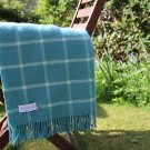 Turquoise blue Chequered Check Pure New Wool Blanket Throw 06